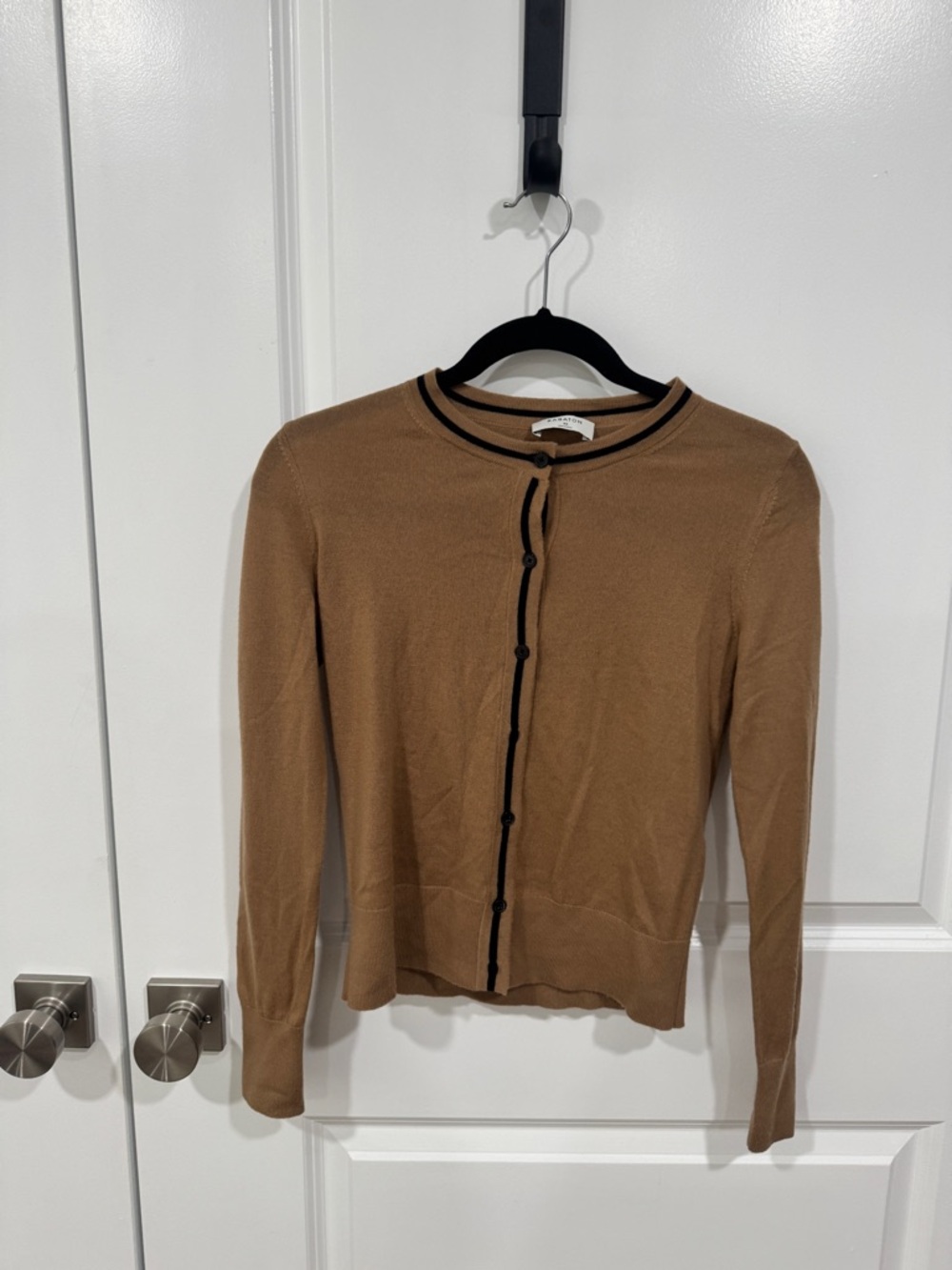 Babaton Camel Cardigan with Black Contrast Trim